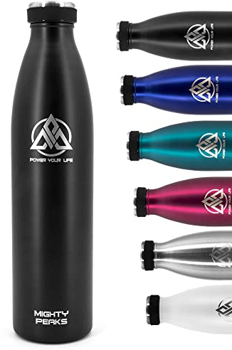 MIGHTY PEAKS Botella de agua de acero inoxidable de 1 l – negro, botella termo, botella de agua aislada, libre de BPA, termo de doble pared, a prueba de fugas, gaseosas, apto para niños