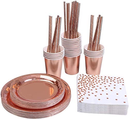 KAHEIGN 146Pcs Rosegold Partygeschirr Set für 24 Gäste, Partygeschirr zubehör Set inkl. Papier Teller Tassen Strohhalme Servietten für Geburtstagsparty Dekoration