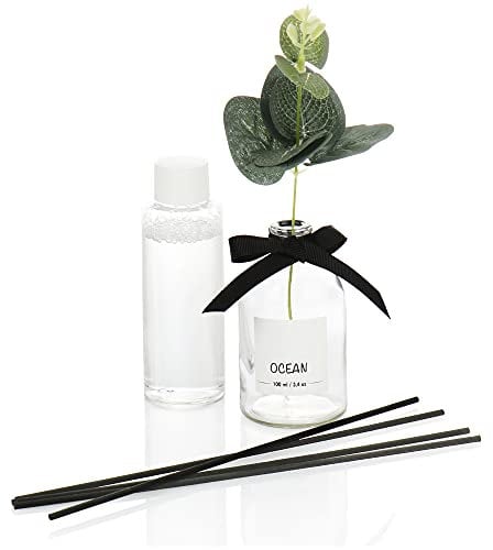 com-four® Lufterfrischer, Bezaubernder Raumduft, Duftölflakon mit Holzstäbchen und dekorativer Kunstblume, duftende Raumdekoration, Raumparfüm (1 Stück - 100ml - Ozean)