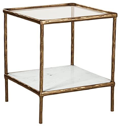 Signature Design by Ashley Ryandale Square Accent Table for Living Room, Sand‑Casted Aluminum Frame With Brass Finish, Glass Top and White Marble Shelf, 21 Size