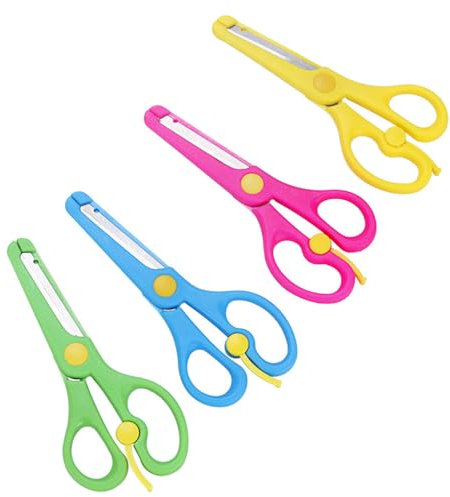 LATRAT 4 Stück Kinder Sicherheit Schere, Kinderschere, DIY Bastelscheren Set Kinder Bastelschere Schere mit Sicherung Kunststoff Sichere Kanten (4 Color)