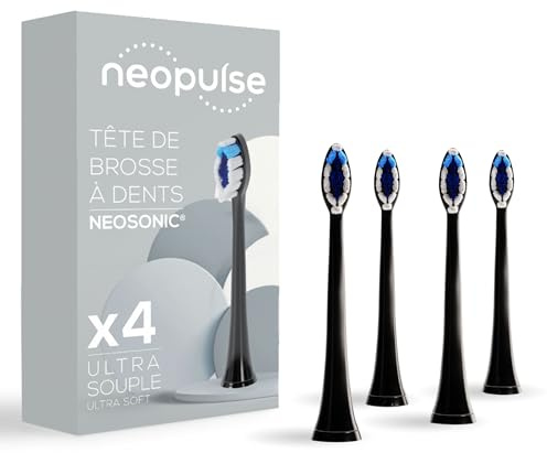 NEOPULSE® NEOSONIC - Ersatzbürstenköpfe Ultra-Weich, Schwarz, 4er-Pack | Aus Nylon - 3D-Technologie (kurze und lange Borsten) - Verschleißanzeige - Kompatibel mit NEOKIDS®