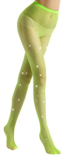 WOOKIT Medias de Rejilla Sexy para Mujer con Pedrería, Estiramiento de Cintura Alta Medias de Malla Pantimedias Brillantes por Club Nocturno Fiesta Disco Bar-Verde-1 Par