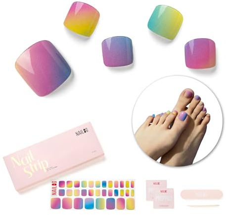 NAILOG Semi Cured Gel Nail Strips, Toe Nail Polish Strips with Glossy Gel Finishing | 32 Pieces Long Lasting Pedi Nail Wrap, Rainbow
