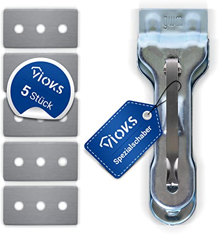 VIOKS Schaber Ceranfeld Edelstahl mit 5 Ersatzklingen Ceranfeldschaber Klingen/Glaskeramik Schaber & Glasschaber Fenster - Herd Schaber/Scraper Kitchen mit Glasschaber Ersatzklingen für Kochfeld