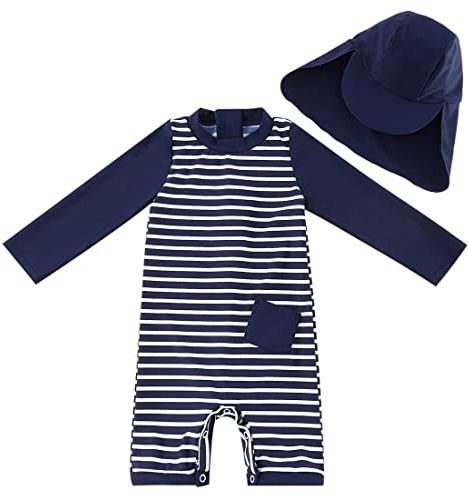 UMELOK Baby Jungen Badeanzug UV Schutz 50+ Einteilige Schwimmanzug Mit Sonnenhut (Blau Streifen, 9-12 Monate/74-80 cm)
