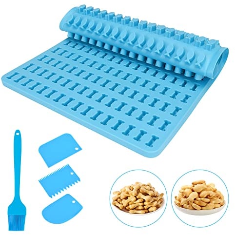 Hundekekse Silikon Backmatte, Silikonmatte Backform Matten Knochen und Fisch für Hundekekse Hundeleckerlies mit Backpinsel und 3pcs Teigschaber