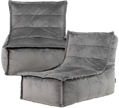 icon Dolce Velvet Lounge Bean Bag Chair, Charcoal Grey, Set of 2, Large Adult Bean Bag with Filling Included, Accent Chair, Living Room, Living Room Furniture, Bedroom Furniture