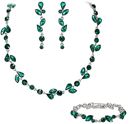 EVER FAITH Kristall Schmuck-Sets elegante Marquise- und Runde- Schliff Strass Blatt Halsketten, Ohrringe und Armband-Set für Damen Grün Silber-Tone