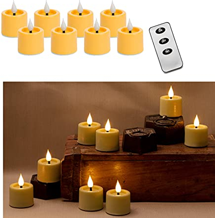 DbKW (8er Teelichter mit Fernbedienung, Gelb) LED Echtflammen Effekt Teelichter, 6 Stunden Timer, natürliches Flackerlicht, Warm- weißes Licht. Votivkerzen