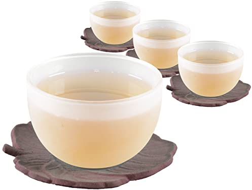 tea4chill 4 x Teetasse Glas mit Untertasse aus Gusseisen in rostrot, 120ml gefrostet. Traditionelles asiatisches Set Teebecher Glas mit Untertasse. Ideal Ergänzung für Gusseisen Teekanne.
