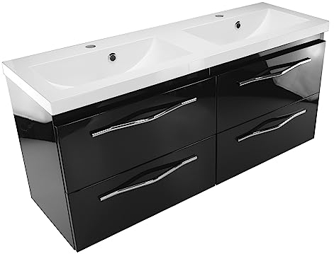paplinskimoebel GIRONA Doppelter Waschbeckenunterschrank hängend 120cm breit, Badmöbel Set mit doppel Konglomerat-Waschbecken, 4 praktische Schubladen, Waschtisch wasserfestem PVC-Furnier, Schwarz