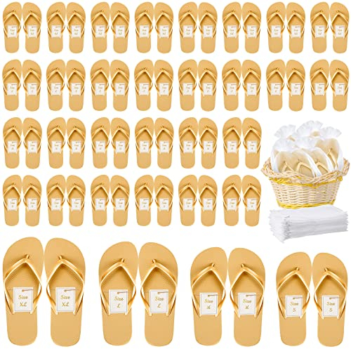 Unittype 24 Paar Flip Flops Bulk für Hochzeit Gäste Hausschuhe Hochzeit Flip Flops mit Karten Taschen für Pool Strand Party, Gold, Medium