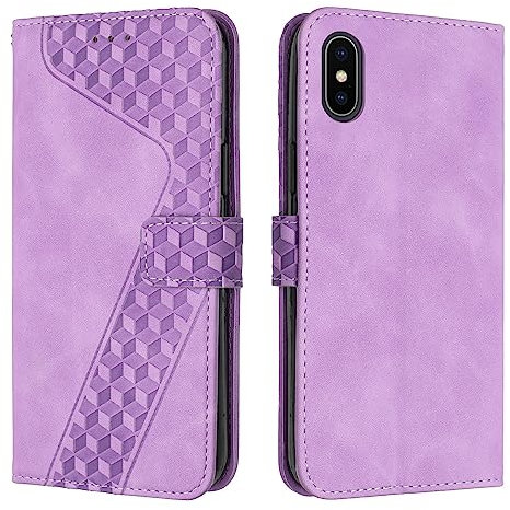 TOHULLE for iPhone X iPhone XS Case, Premium PU Leather Wallet Case Card Holder Kickstand Magnetic Closure Plaid Pattern Embossed Design Shockproof Flip Folio Case Cover for iPhone X/XS - Purple