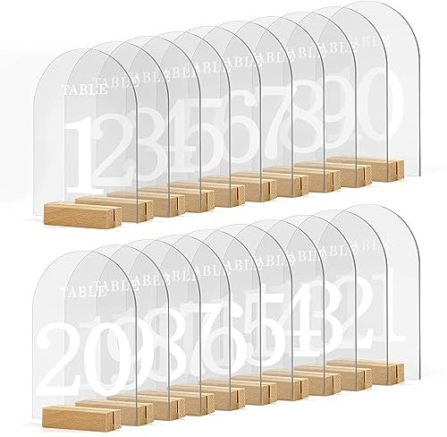 20pcs Acrylic Wedding Table Numbers with Stands, Acrylic Arch Table Numbers Clear Acrylic Table Numbers with Wood Bases Arch Table Numbers for Wedding Reception Party Birthday Decoration