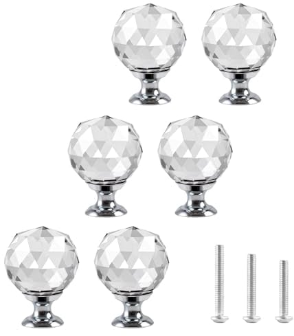 ShipeeKin 6pcs Cristal Clair Rond Armoire Poignée De Porte Boule En Forme De Tiroir Garde-Robe Pull Bouton Diamant En Forme Poignées pour Armoire Commode dans Salle De Bain Cuisine Bureau ect