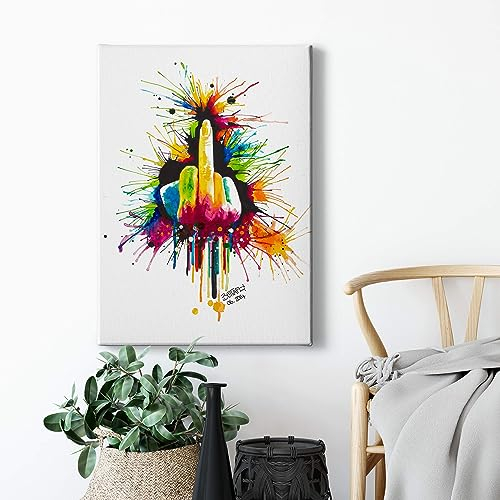 A.S. Création Leinwandbild Mittelfinger Bunt - Kunstdruck orange gelb - 50x70 cm Hochformat - moderne Wanddekoration Schlafzimmer Wohnzimmer Küche - Bild auf Keilrahmen