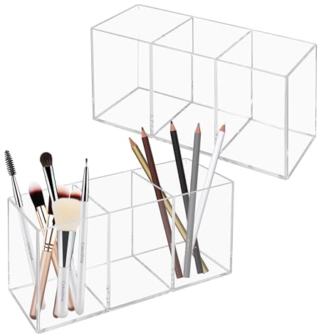 YKUKIZEE 2 Pack Acrylic Pencil Holder, 3 Compartments Clear Acrylic Pen Pots for Desk, Transparent Pencil Cup Make Up Brush Holders for Table School Office Stationery Vanity