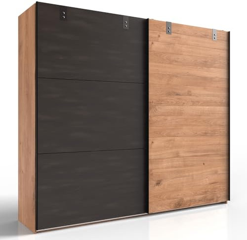 Lomadox Kleiderschrank Schwebetürenschrank 300 cm, 3 Türen, 3 Kleiderstangen, Eiche mit Stahl Nb.