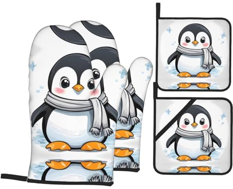 YYHWHJDE Niedliche Pinguin-Ofenhandschuhe und Topflappen, 4er-Set: dick und langlebig, wärmeisolierend