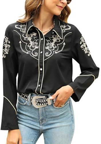 Camisas del lejano Oeste para mujer, vaquera, sexy, elegante, de manga larga, bordadas, con botones, blusas vaqueras para mujer