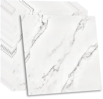 Fantasnight Marble Stick on Tiles 30 x 30cm 24Pcs White Tile Stickers Self Adhesive Wall Tiles PET Peel and Stick Wall Glossy Stickers for Kitchen Bathroom