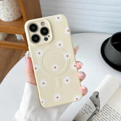 ZTOFERA Magnetisch Hülle für iPhone 15 Pro, Nette Gänseblümchen Muster Matte Flüssige Silikon Handyhülle [Kompatibel mit MagSafe], Weiche Schützende Stoßfänger für iPhone 15 Pro 6,1 - Beige