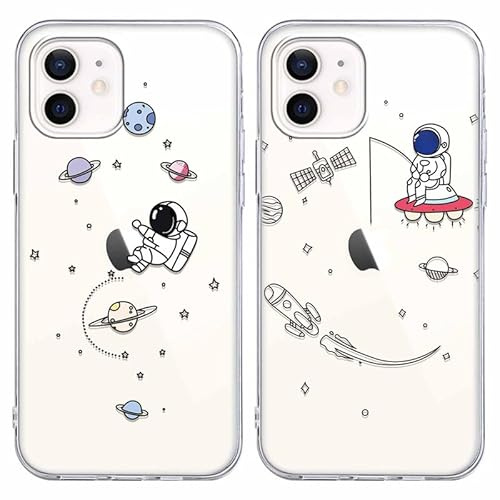 Yoedge 2 Stück Hülle für Apple iPhone 12 Mini 5,4 Zoll, Ultra Dünn Transparent Weich TPU Gel Case Cover mit Niedlichem Zeichnungsmuster Stoßfeste Schutzhülle für iPhone 12 Mini, Astronaut 1