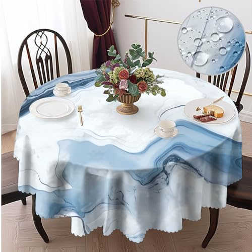 Tischdecke Outdoor Tischdecke Rechteckig Abwaschbar Gartentischdecke Tischdecken Fleckschutz Wasserdicht Tischtuch für Küche, Garten, Partys und Abendessen (Blau marmoriert, Rund 150cm)