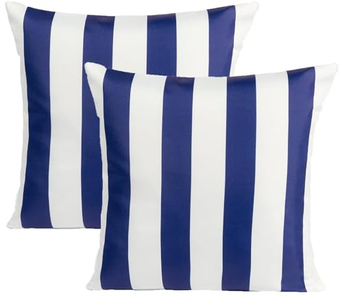 OHS Outdoor-Kissen, gestreift, wasserabweisend, Gartenmöbelkissen, Sofakissenbezüge für Innen, superweich, bequem, dekorativ, Marineblau/Weiß, 2 Stück