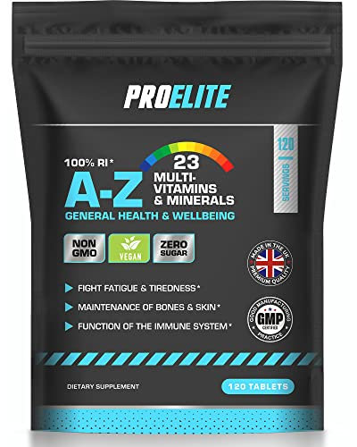 Multivitamins & Minerals - 120 Vegan Tablets - One a Day 100% RDA - 23 Essential Vitamins & Minerals in A-Z Multivitamin Tablet - Made in The UK by PROELITE