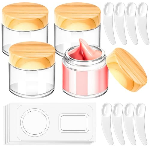 MotBach Lot de 4 récipients cosmétiques en verre avec couvercles en plastique grain de bois, doublures intérieures, autocollants et spatules, petits bocaux en verre rechargeables de 30 ml (56,7 g – 4