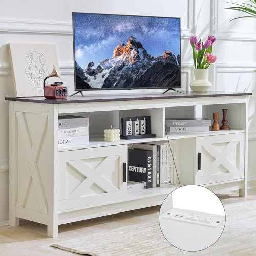 Mueble de TV para televisores de hasta 65 pulgadas, aparador de TV con enchufes, tablero de TV con armarios y estante abierto, estilo rústico, mesa moderna para salón (negro)