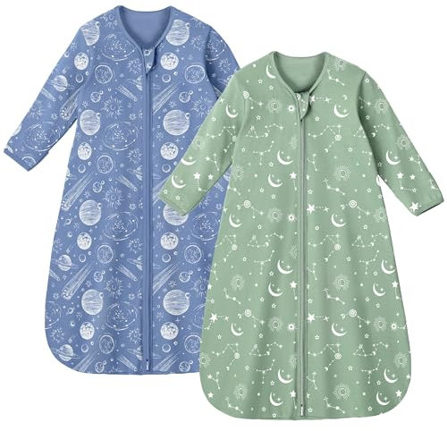 Unnivoll Baby Sleeping Bag 0.5 Tog 6-12 Months Long Sleeve Summer Sleep Sack 2 Pack 100% Cotton Baby Sleep Bag Wearable Blanket for Newborn Infant Blue Green Constellation