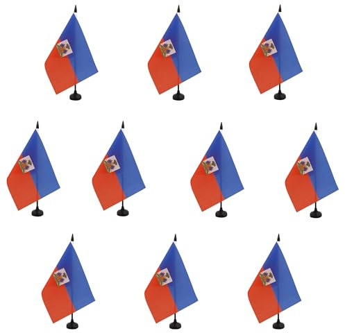 AZ FLAG - Lot de 10 Drapeau De Table Haïti 21x14 cm - 10 Petits Drapeaux Haïtien De Bureau 100% Polyester Avec Hampe De 25cm Et Socle En Plastique Noir