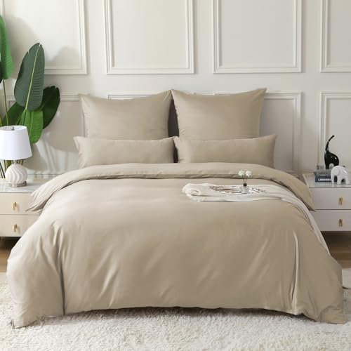 SOULFUL Satin Bettwäsche 200x200 Baumwolle,100% Langstapelige Baumwolle Seidig Luxus Bettzeug, ÖkoTex Zertifiziert & für Allergiker Geeignet, 1 Bettbezug 200x200 & 2 Kissenbezug 80x80,Oatmeal