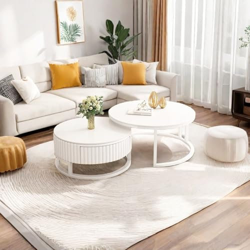 Rund Couchtisch Weiß Wohnzimmer Tisch 2 in 1 Satztische 2er Set Modern Beistelltisch Mit Leisen Schublade Kaffeetisch Mit Metallfüßen 50+70cm Felsplatte Couchtisch Pour Wohnzimmer Schlafzimmer Büro
