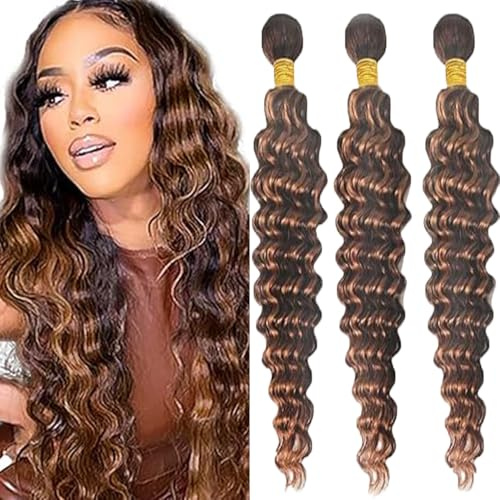 Tuheerst Deep Wave Human Hair Bundles P430 Highlight Brown Menschliches Haar Human Hair Extensions Echthaar Tressen Bündel 3 Bundles Double Weft Remy Hair for Woman 30 30 30 Zoll