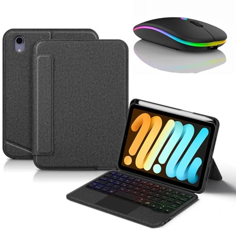 JZCZMCE Funda con Teclado para iPad Mini (A17 Pro) 7ª Generación 2024, Contiene Ñ, Teclado Retroiluminados Inalámbrico con Soporte para Lápiz, Funda Folio Delgada con Ratón Bluetooth