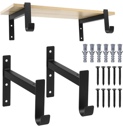 2 Stk Regalwinkel Regalhalterung Schwarz, Winkel Metall Regalhalterungen, Schwerlast Regalträger mit Haken, 90 Grad Regal Halterung Wandmontage für Wandhalterung Regal (203mm/8 Zoll/Schwarz)