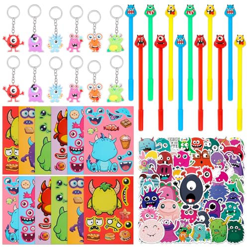 JWTRSVTY 86PCS Monster Theme Party Geschenke, Monster Party Mitgebsel Kindergeburtstag Gastgeschenke,mit DIY Monster Stickers Schlüsselanhänger Kugelschreiber Aufkleber,für Jungen Mädchen GastGeschenk