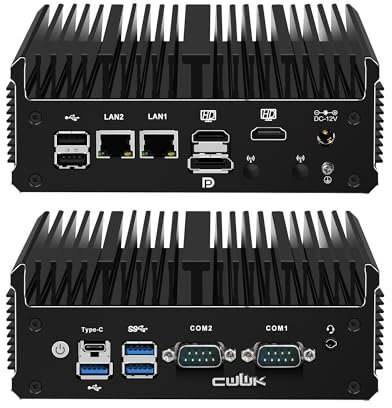 CWWK N100 Mini PC Fanless, Computer Industriale Mini con 2 porte COM RS232/RS485, 2 x i226-V 2.5GbE LAN, Micro PC 16GB RAM 512GB SSD, 4K 3-Display, USB-C, SIM, WiFi/BT