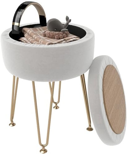 HOMCOM 5L Velvet Storage Ottoman, Modern Round Footstool with Metal Hairpin Legs and Removable Lid, Dressing Table Stool Side Table for Hallway, Bedroom, Living Room, 33 x 33 x 43 cm, Cream White