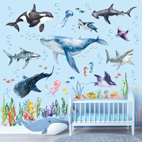 DECOWALL SG3-2430 Große Meerestiere Wandtattoos Kinder Unter dem Meer Ozean Dekoration Babyzimmer abnehmbar Delfin Hai Schildkröte Tiere
