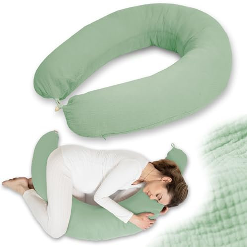 PaLulli® Ergonomisches XXL Stillkissen 190x30 cm mit Bezug aus Bio-Musselin Baumwolle - ideales Schwangerschafts- & Seitenschläferkissen, Komfort und Unterstützung für Erwachsene und Mütter (Grün)