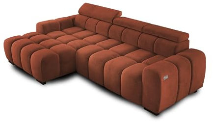 Ecksofa OMBO 285x168x77/97 cm, Linke Seite Mit Schlaffunktion, Elektrisch Ausziehbarer Sitzfläche, Verstellbaren Kopfstützen, Dunklen Buchenholzfüßen, Hydrophobem SALVADOR-Bezugstoff - Cemno Blau