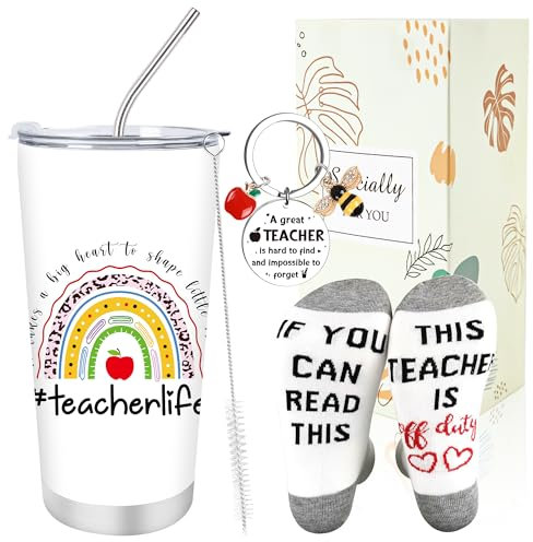Luvart Teacher Gifts for Women Men - 3Pcs Teacher Thank You Appreciation Gifts, 20oz Teaching Travel Mug, Socks, Keychain, Birthday Christmas Graduation Valentine's Retirements Presents from Students