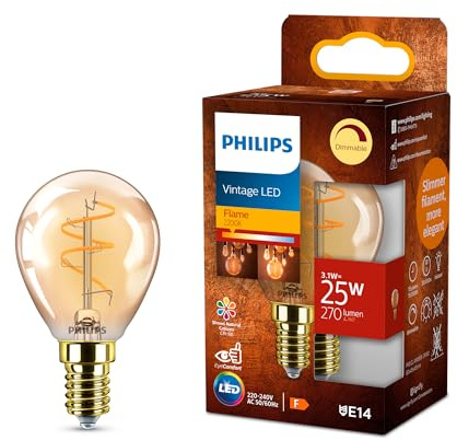 Philips Ámbar vintage P45 (1un) - Bombilla LED, regulable, sin parpadeo, EyeComfort, 270 lúmenes, llama (2200 K), 3,1 W=25 W, casquillo E14