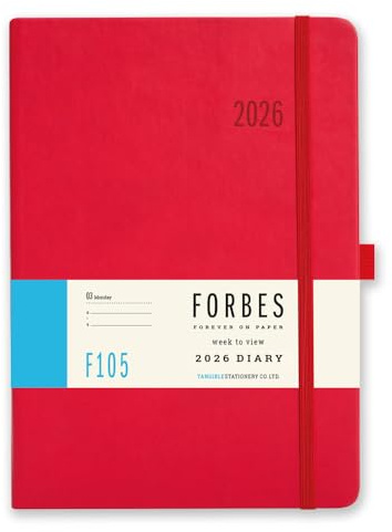 Wochenplaner 2026 A5 - Forbes Kollektion von Tangible Stationery Co. Ltd - Termine - Lesebändchen - Gummibandverschluss - Dokumententasche - Rot