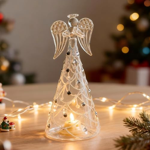 Weihnachtsdeko Engel Figur mit Warmes Licht, LED Engel Weihnachten aus Glas, Beleuchtete Weihnachtsengel Figuren, Leuchtende Weihnachtsengel Deko, Weihnachtsfiguren für Innen Tischdeko Geschenke (B)